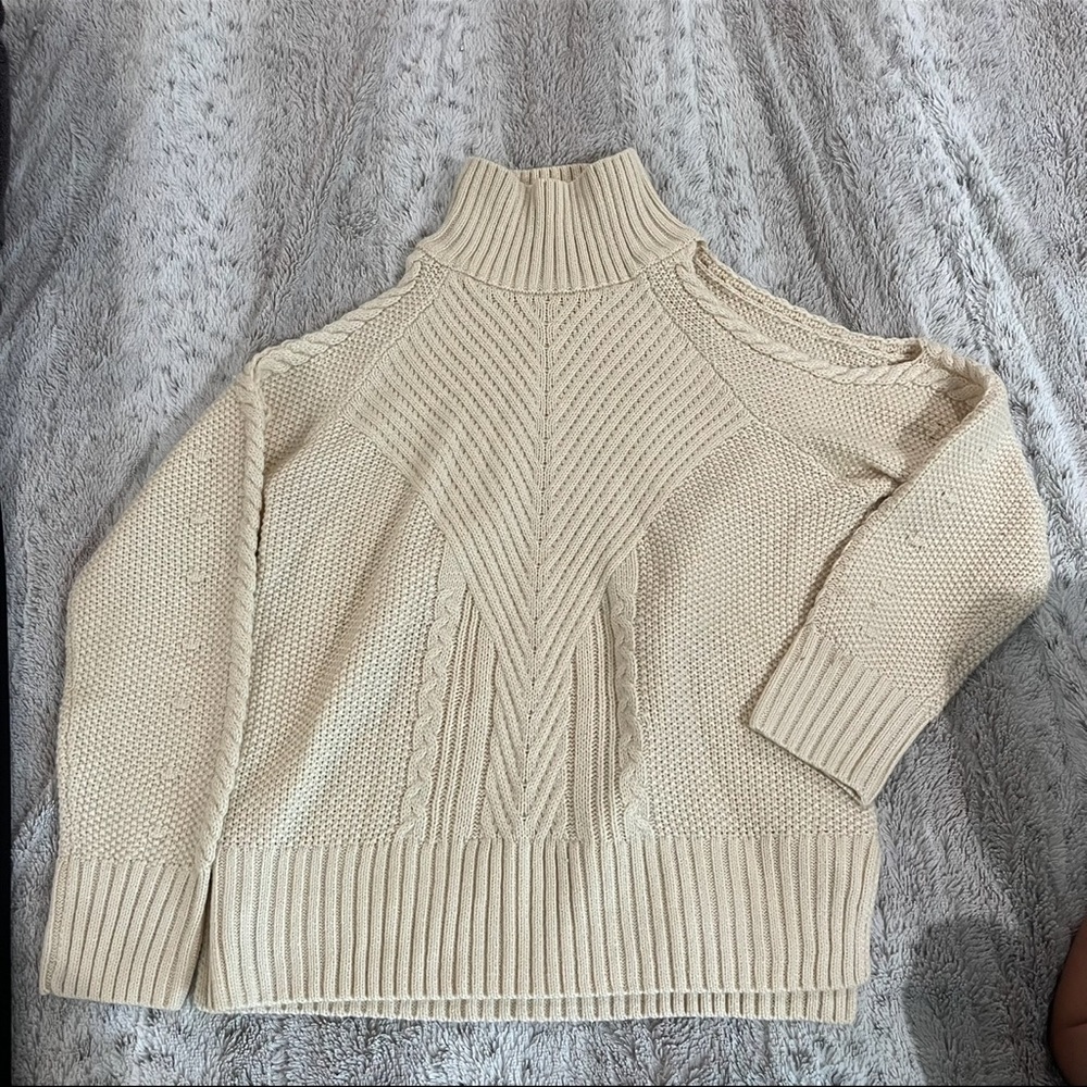 Cream cold shoulder mock Turtleneck Sweater